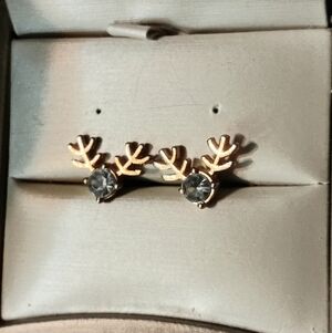 Gold Tone Reindeer Antler Stud Earrings with Clear Stone